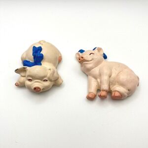 Vintage Cute Pig Magnets Blue Bows Set of 2 Refrigerator Kitchen Decor